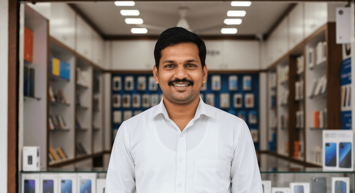 Owner of Shree Ram Mobile Center welcoming customers