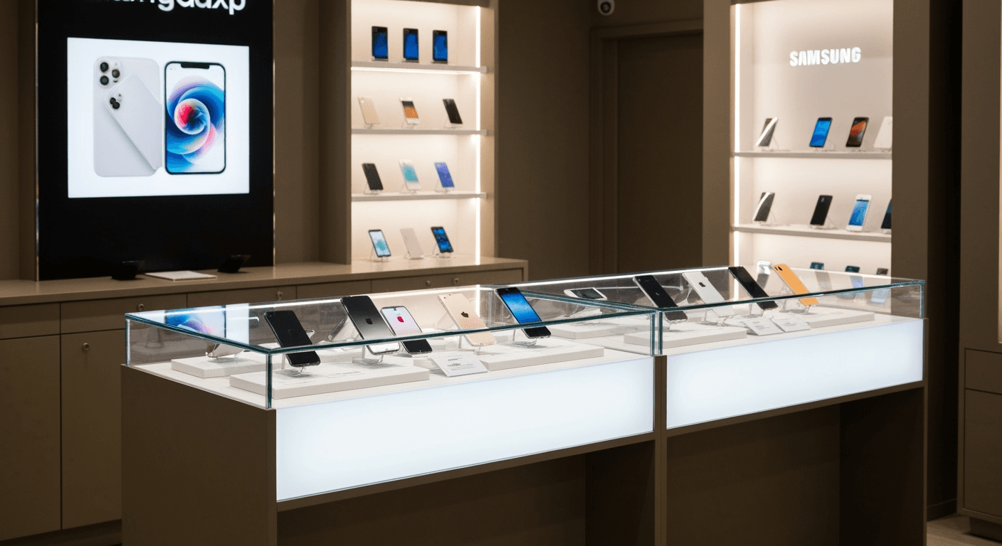 Interior view of Shree Ram Mobile Center showcasing premium smartphone displays